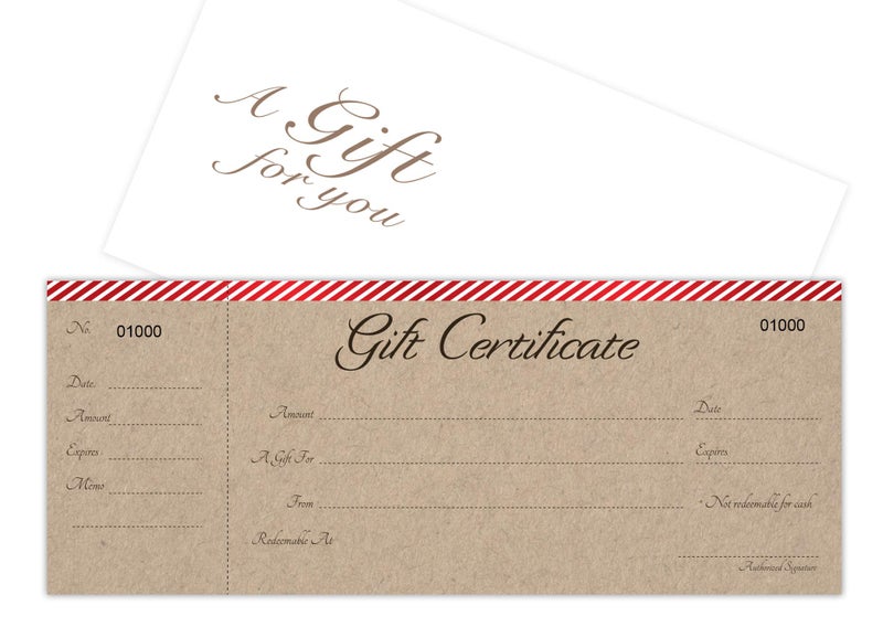IMPACTONLINEPRINTING Blank Gift Certificates Cards with Free Envelopes 25 set-Stripes on Red Bar with kraft background image - Image 1